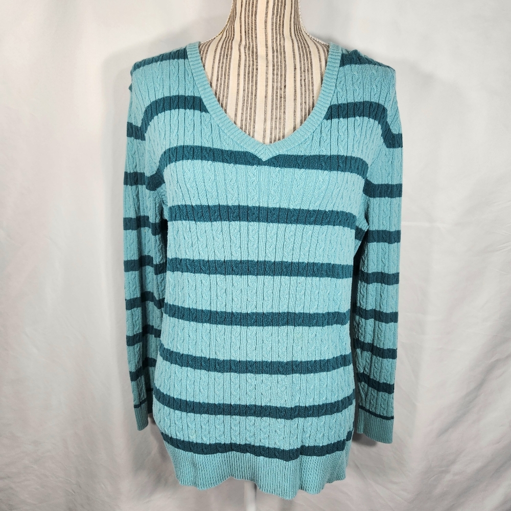 Basic Editions Striped V Neck Long Sleeve Sweater Size XLarge